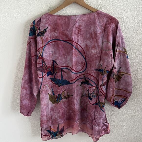 Citron 100% Silk Art to Wear Paper Crane Pink Top Blouse Modest Mature Small - Picture 2 of 7